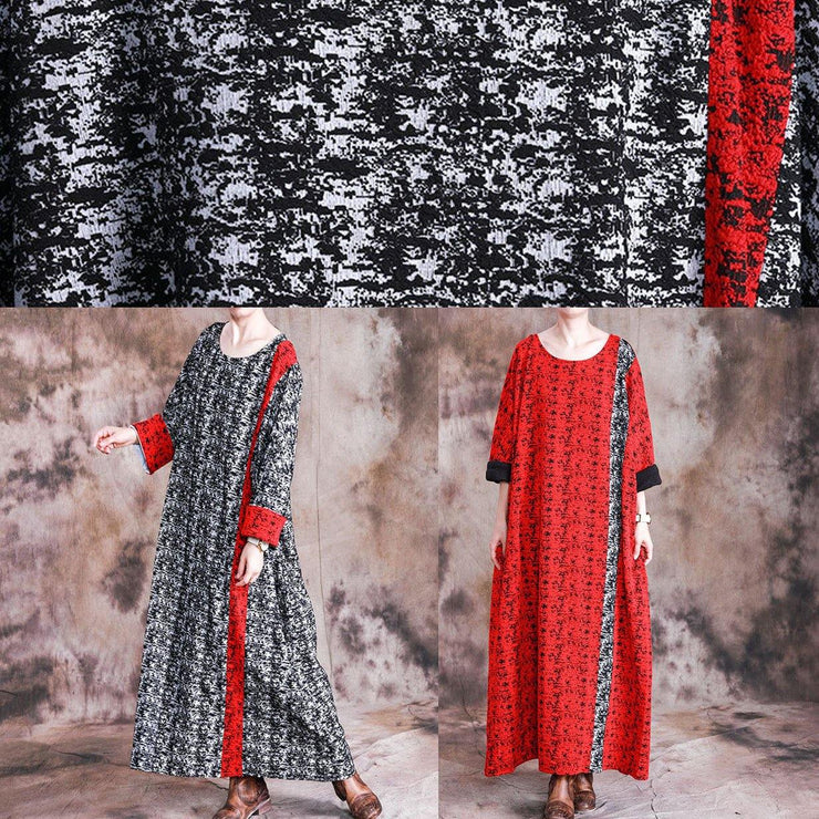 Beautiful red print cotton quilting dresses o neck long sleeve robes fall Dresses - SooLinen