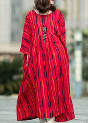 Beautiful Red Striped Linen Cotton Robes O Neck Large Hem Traveling Summer Dresses - SooLinen