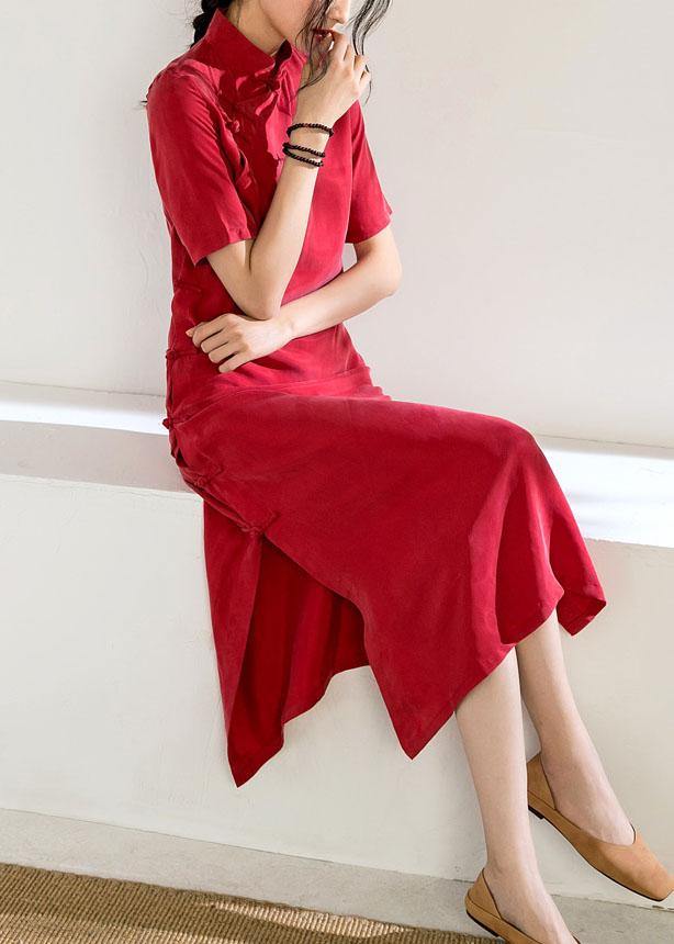 Beautiful red tunics for women stand collar Chinese Button Kaftan summer Dress - SooLinen