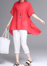 Beautiful stand collar asymmetric cotton women red box blouse summer - SooLinen