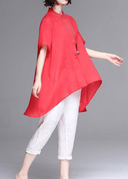 Beautiful stand collar asymmetric cotton women red box blouse summer - SooLinen