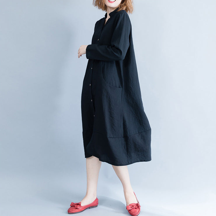 Beautiful stand collar cotton Tunics Casual Wardrobes black oversized Dress