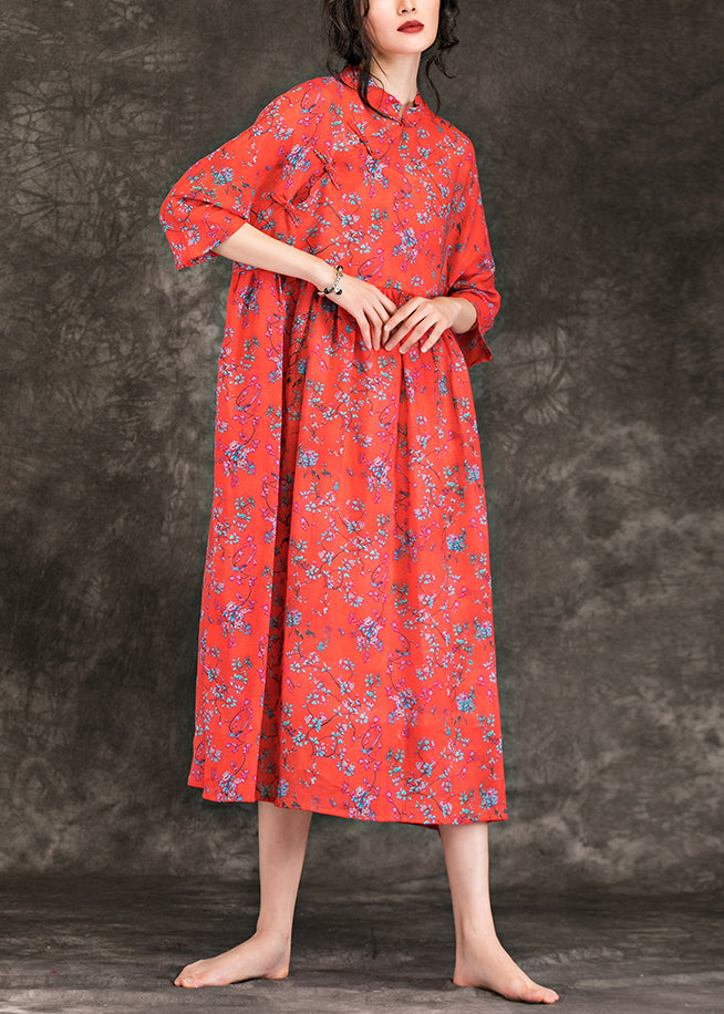 Beautiful stand collar Cinched linen clothes For Women plus size Online Shopping red print long Dresses Summer