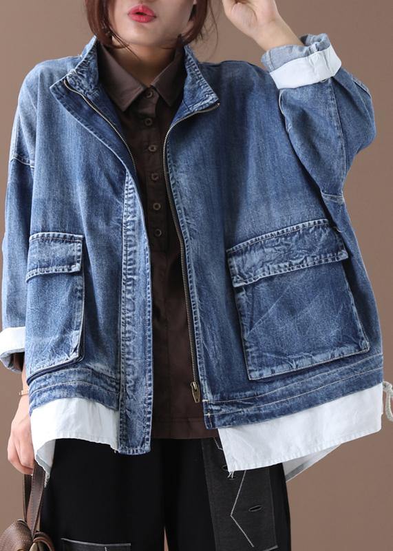 Beautiful stand collar zippered Fine crane coats denim blue Art women coats - SooLinen