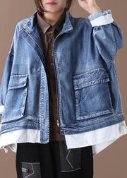 Beautiful stand collar zippered Fine crane coats denim blue Art women coats - SooLinen