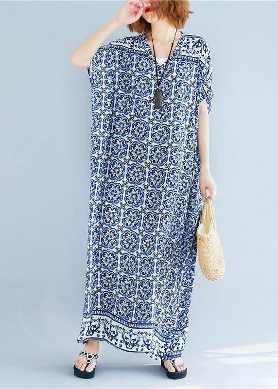 Beautiful v neck cotton Tunics Fabrics floral long Dresses summer - SooLinen