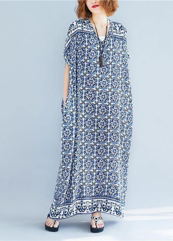 Beautiful v neck cotton Tunics Fabrics floral long Dresses summer - SooLinen