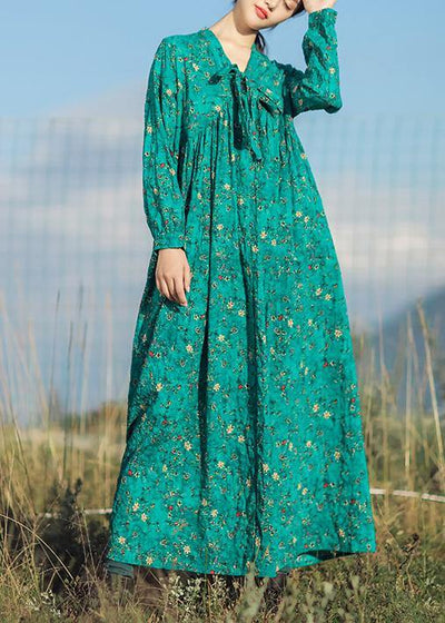 Beautiful v neck long sleeve linen clothes For Women Runway green print Dresses summer - SooLinen