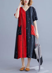 Beautiful v neck patchwork tunic dress Runway red Maxi Dresses summer - SooLinen