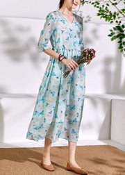 Beautiful v neck Cinched linen summer Robes Inspiration light blue print Dress - SooLinen