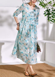 Beautiful v neck Cinched linen summer Robes Inspiration light blue print Dress - SooLinen