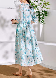 Beautiful v neck Cinched linen summer Robes Inspiration light blue print Dress - SooLinen