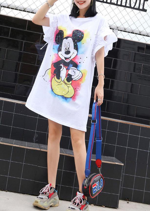 Beautiful white Cartoon print Cotton clothes flare sleeve shift summer Dress - SooLinen