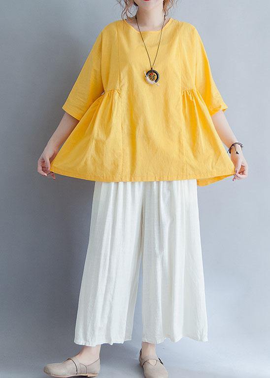 Beautiful yellow o neck linen cotton clothes For Women Shirts half sleeve summer blouses - SooLinen