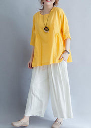 Beautiful yellow o neck linen cotton clothes For Women Shirts half sleeve summer blouses - SooLinen