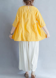 Beautiful yellow o neck linen cotton clothes For Women Shirts half sleeve summer blouses - SooLinen