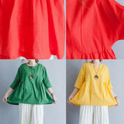 Beautiful yellow o neck linen cotton clothes For Women Shirts half sleeve summer blouses - SooLinen