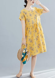 Beautiful yellow print Cotton Tunics o neck drawstring summer Dresses - SooLinen