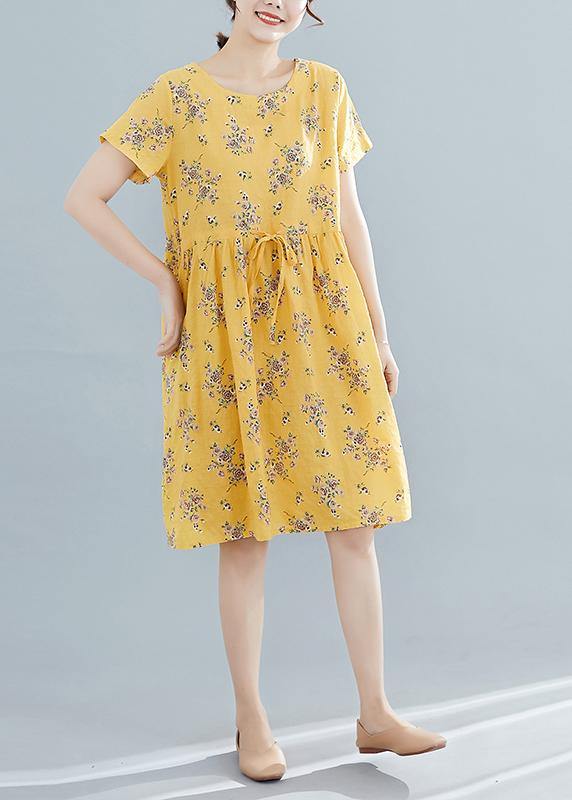 Beautiful yellow print Cotton Tunics o neck drawstring summer Dresses - SooLinen