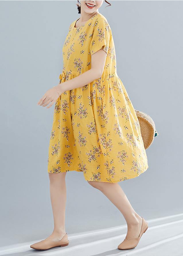 Beautiful yellow print Cotton Tunics o neck drawstring summer Dresses - SooLinen