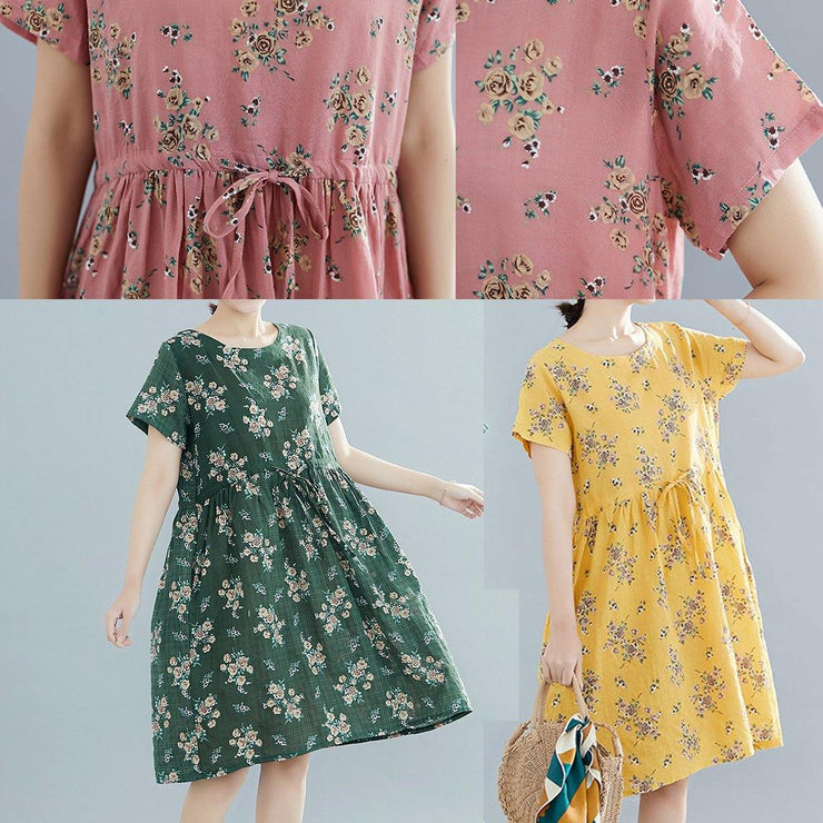 Beautiful yellow print Cotton Tunics o neck drawstring summer Dresses - SooLinen