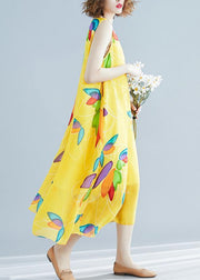 Beautiful yellow print chiffon Robes Korea Tutorials o neck false two pieces long Summer Dress - SooLinen