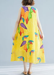 Beautiful yellow print chiffon Robes Korea Tutorials o neck false two pieces long Summer Dress - SooLinen