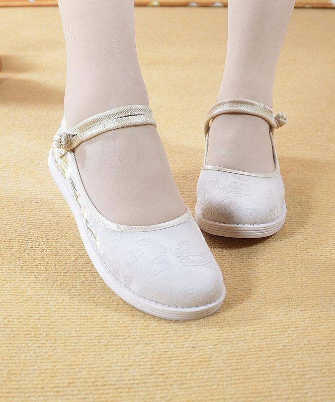 Beige Embroideried Cotton Fabric Flat Shoes Buckle Strap Flat Shoes - SooLinen