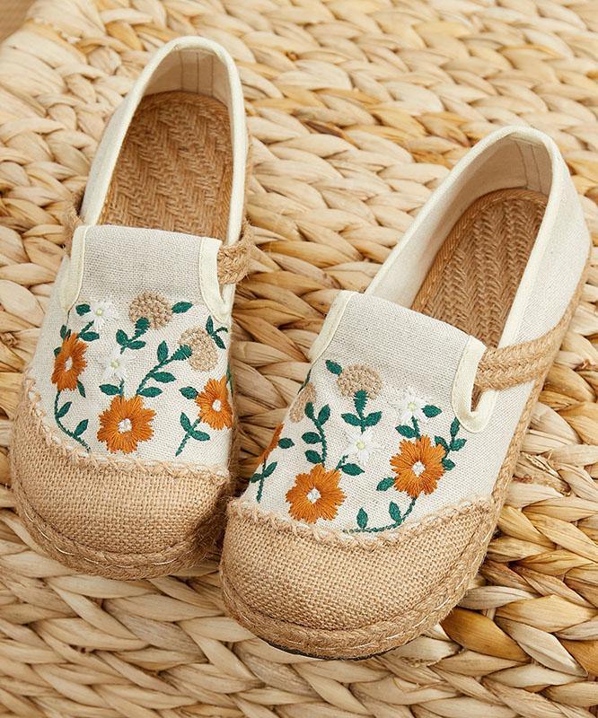 Beige Embroideried Linen Fabric Flats - SooLinen