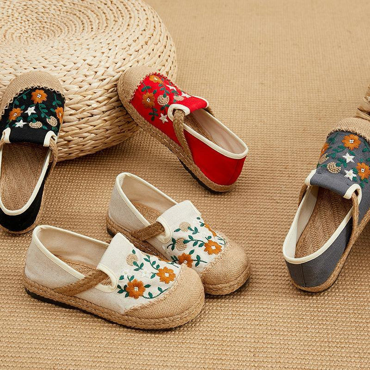 Beige Embroideried Linen Fabric Flats - SooLinen