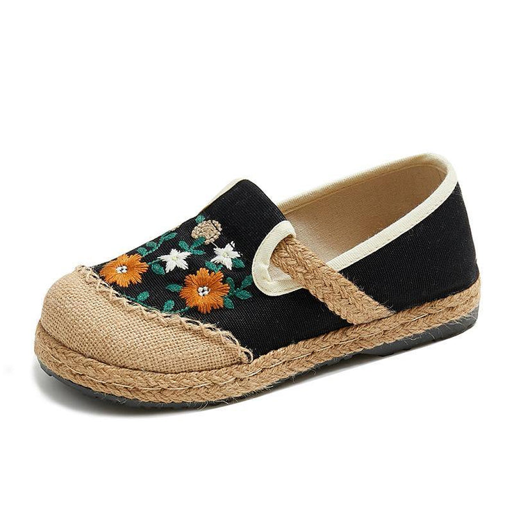 Beige Embroideried Linen Fabric Flats - SooLinen