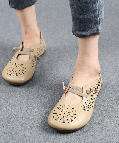 Beige Flats Hollow Out Cross Strap Flat Feet Shoes - SooLinen