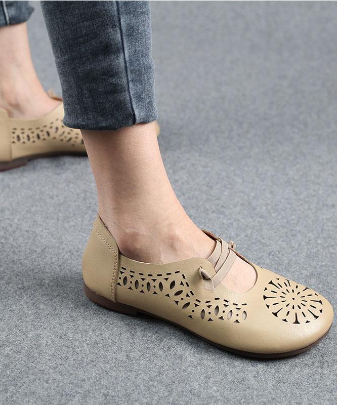 Beige Flats Hollow Out Cross Strap Flat Feet Shoes - SooLinen