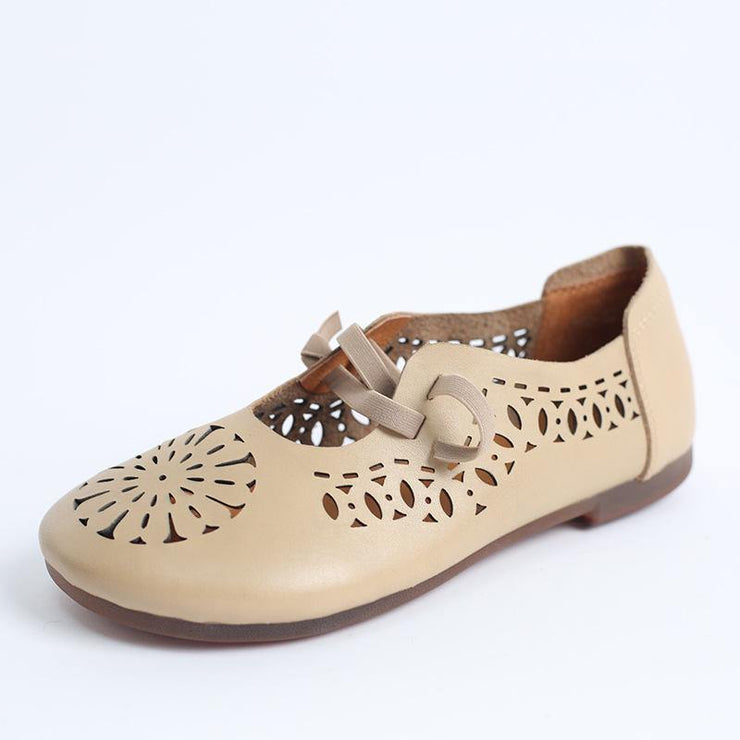 Beige Flats Hollow Out Cross Strap Flat Feet Shoes - SooLinen