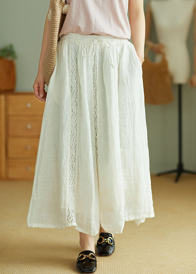 Beige Linen A Line Skirts Tie Waist Spring