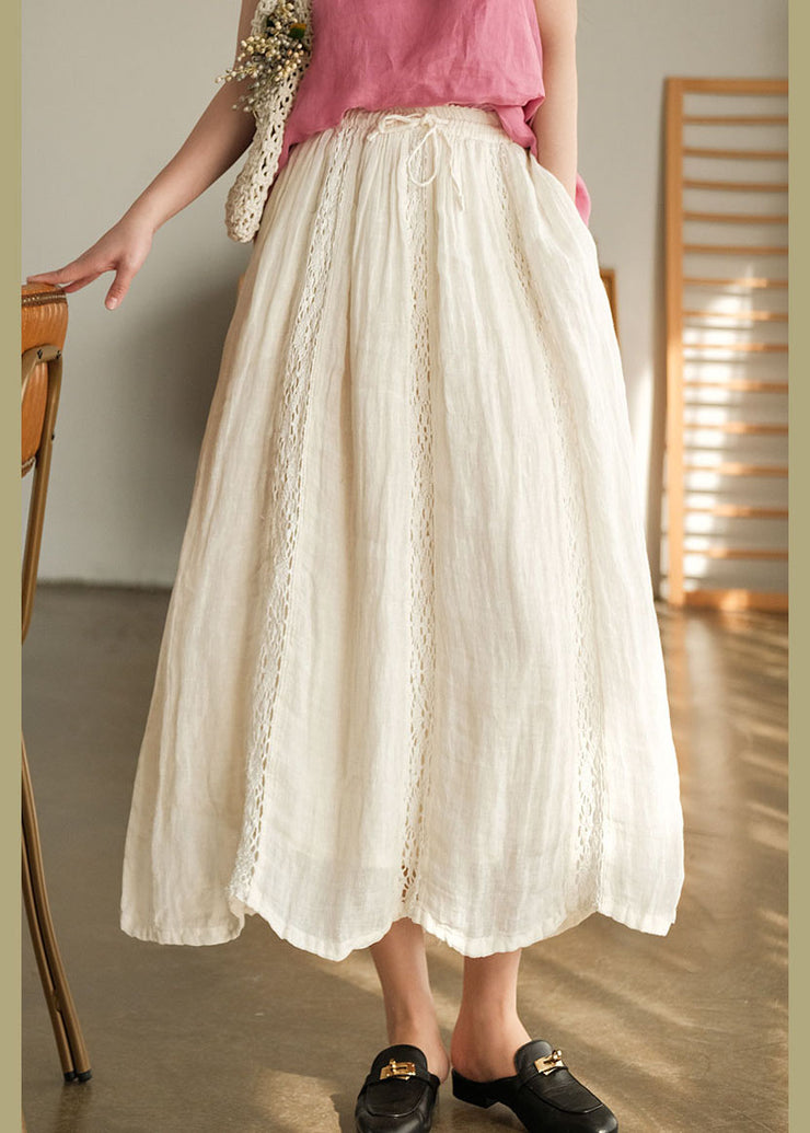 Beige Linen A Line Skirts Tie Waist Spring