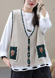 Beige Retro V Neck Fall Button Sleeveless Knit Vest - SooLinen