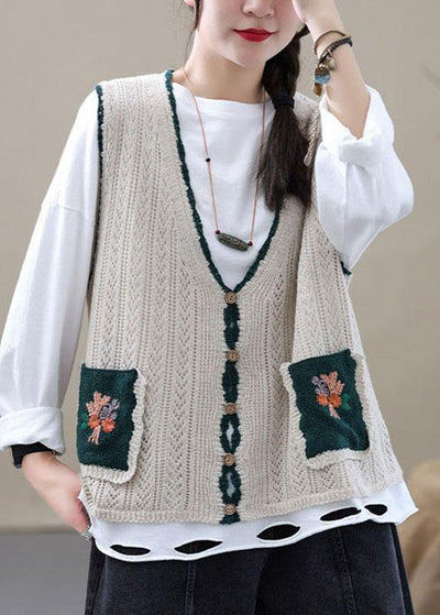 Beige Retro V Neck Fall Button Sleeveless Knit Vest - SooLinen