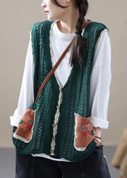 Beige Retro V Neck Fall Button Sleeveless Knit Vest - SooLinen