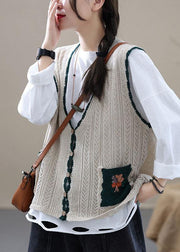 Beige Retro V Neck Fall Button Sleeveless Knit Vest - SooLinen