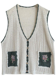 Beige Retro V Neck Fall Button Sleeveless Knit Vest - SooLinen