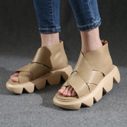 Beige Sandals Peep Toe Platform Sandals - SooLinen