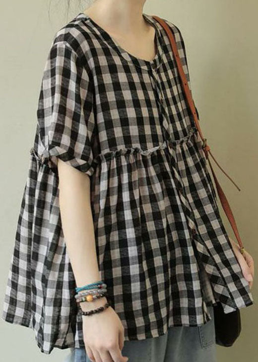 Black Button Plaid Patchwork Cotton Tops Half Sleeve