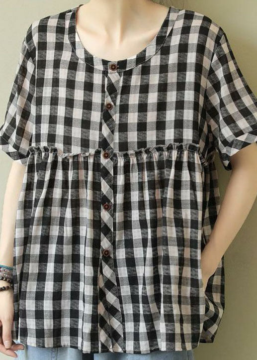 Black Button Plaid Patchwork Cotton Tops Half Sleeve