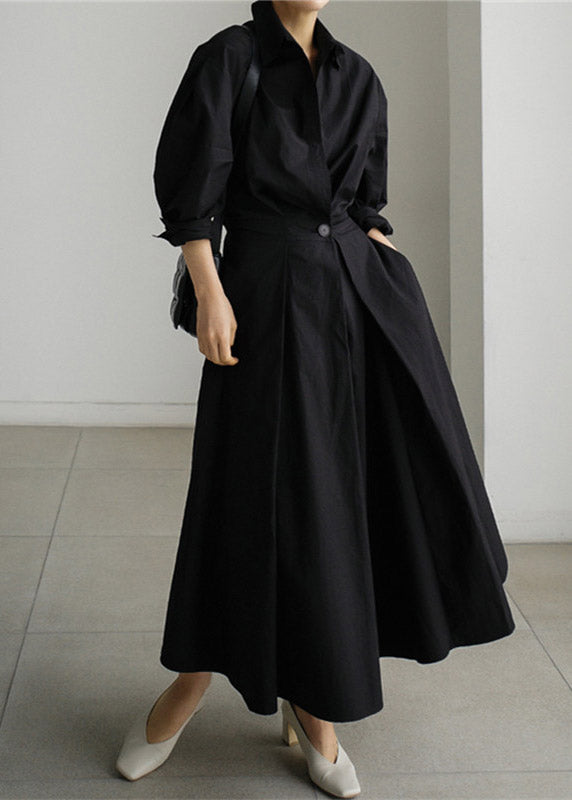 Black Button Wrinkled Cotton Dresses Long Sleeve