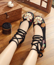 Black Cotton Fabric Embroideried Flats Handmade Cross Strap Flat Feet Shoes