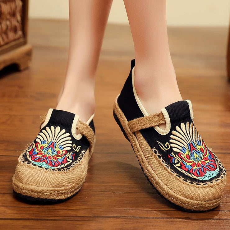 Black Cotton Linen Embroideried Fabric Flat Feet Shoes Splicing Flats - SooLinen