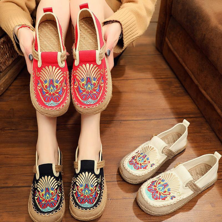 Black Cotton Linen Embroideried Fabric Flat Feet Shoes Splicing Flats - SooLinen