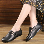 Black Cowhide Leather Flat Shoes Buckle Strap Flats - SooLinen