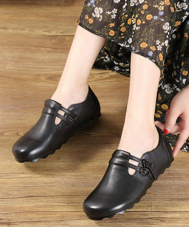 Black Cowhide Leather Flat Shoes Buckle Strap Flats - SooLinen